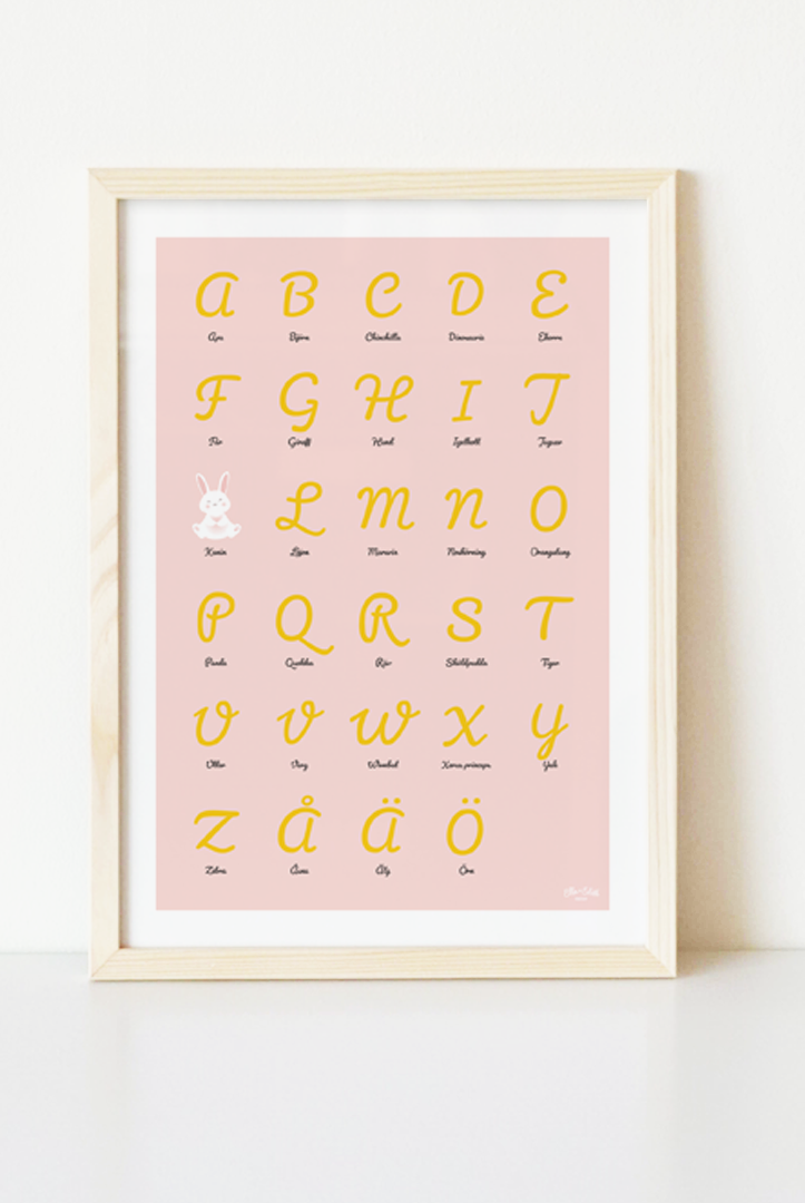 Rosa ABC-poster med kanin i träram