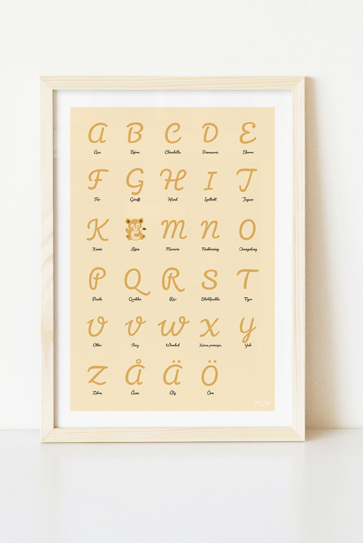 Gul ABC-poster med lejon i träram