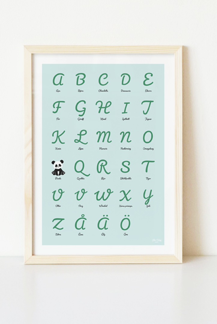 Blå ABC-poster med panda i träram