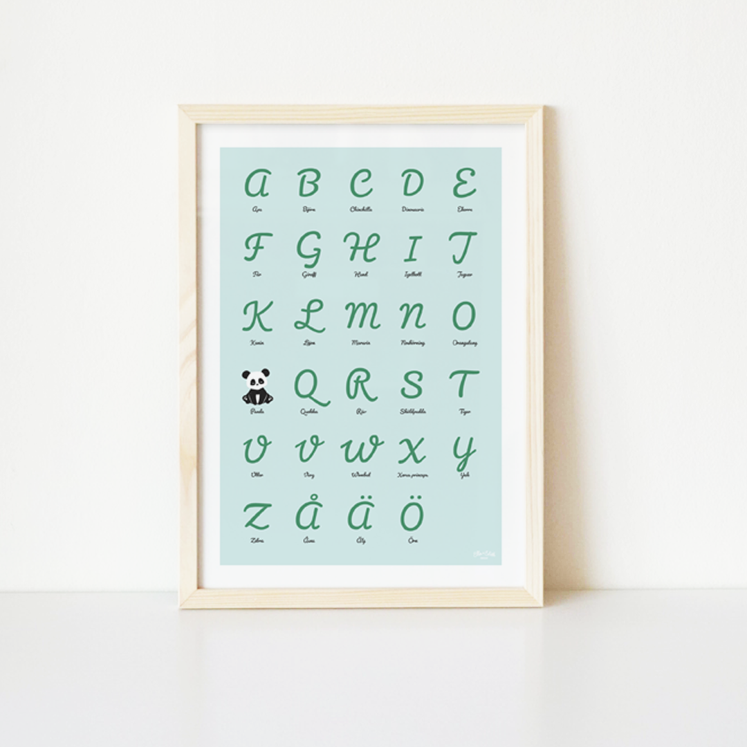 Blå ABC-poster med panda i träram